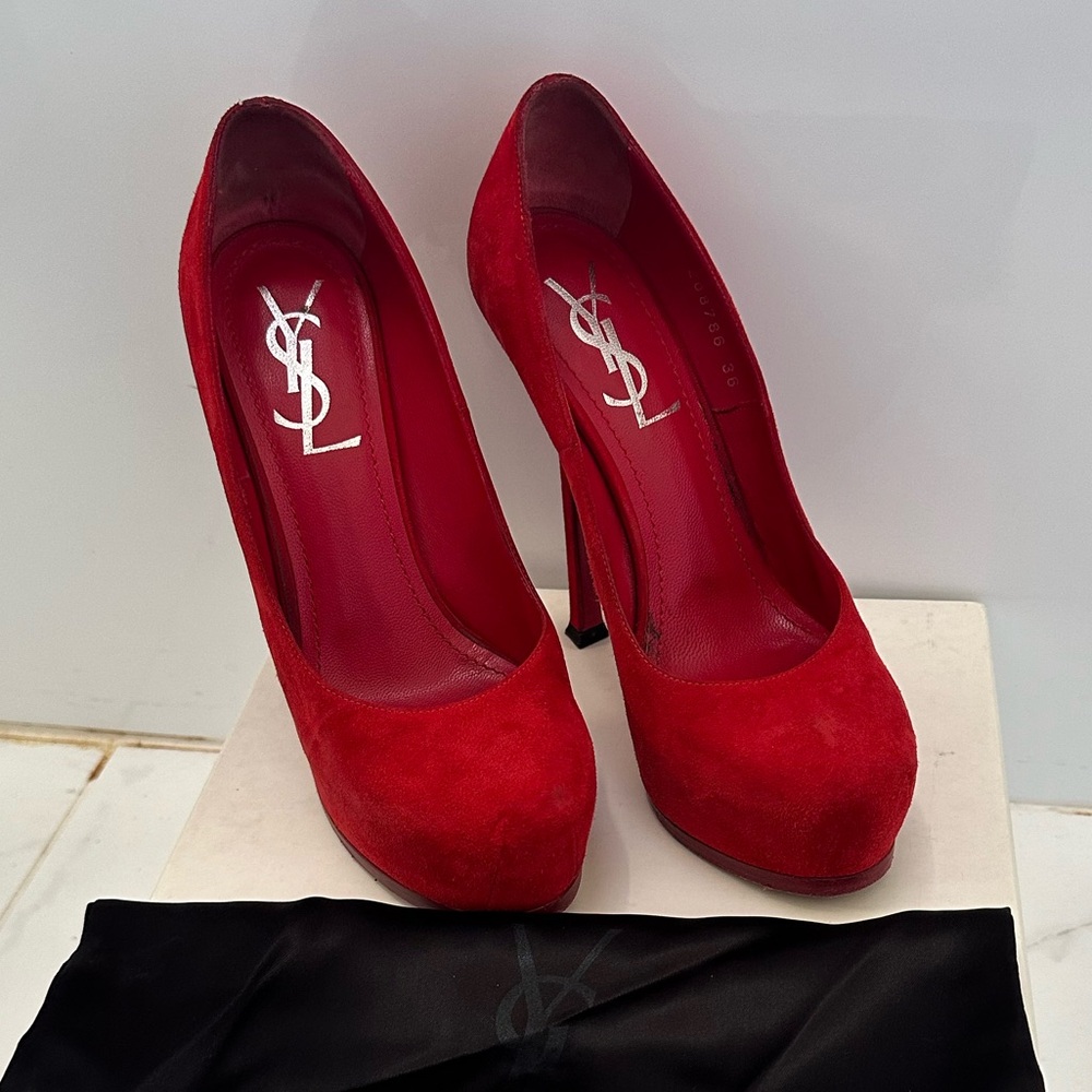 Saint Laurent Red Suede Tribtoo Platform Pumps Size 36